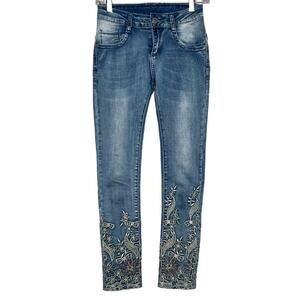 VTG Mozzaar Y2K Skinny Jeans Floral Faded Mid-Rise Denim Pants Stretch Sz S 26''